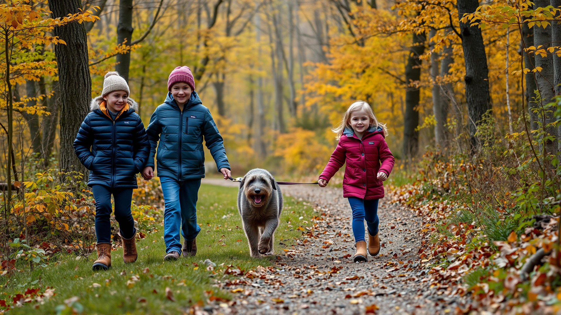 Family with two young children walking an Otterhound along an autumn woodland trail