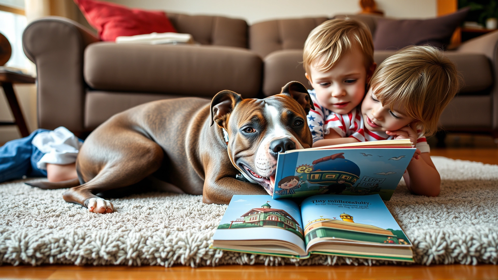 Smiling Pit Bull lying on a living-room rug cuddling with two young children reading a picture book.