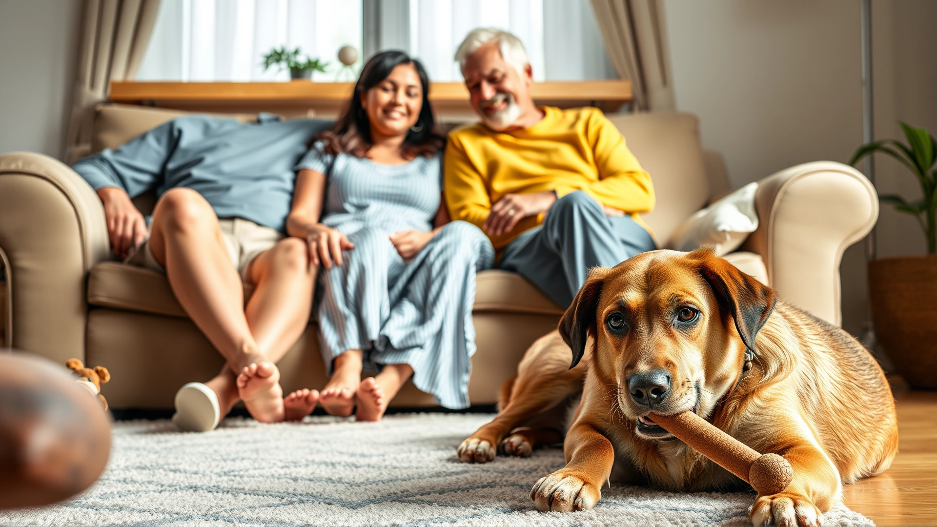 Family sitting comfortably on a couch while their dog relaxes on the floor chewing a toy