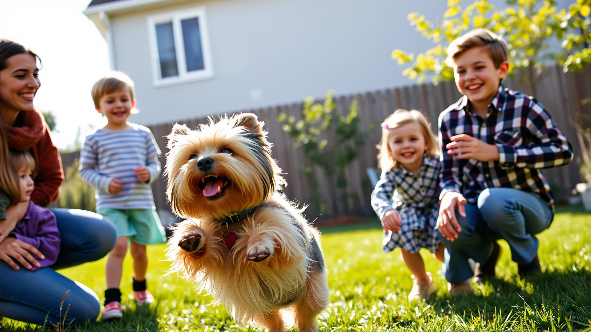 Happy family in a backyard playing fetch with a Dandie Dinmont Terrier, kids laughing, dog mid-jump, bright natural lighting, no text.