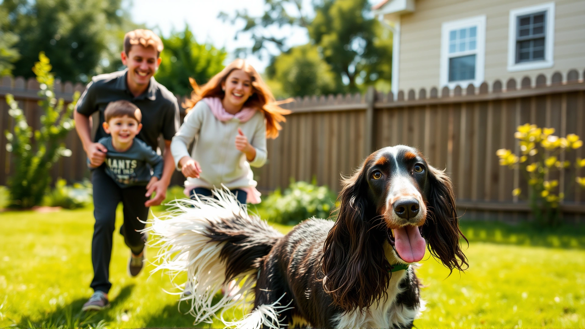 Happy family with two children playing fetch with an English Springer Spaniel in a sunny fenced backyard.