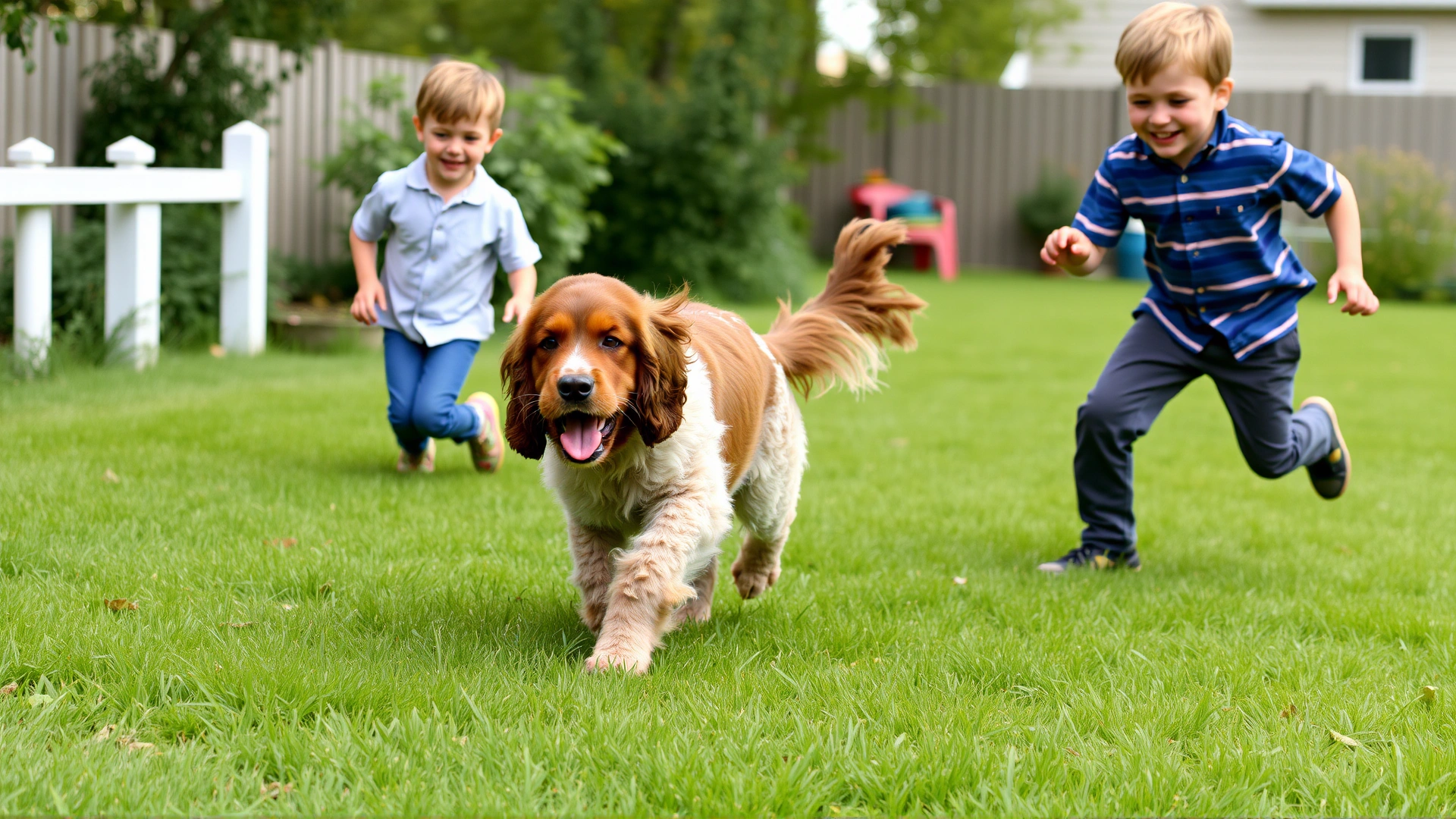Irish Water Spaniel playing fetch with two children in a green backyard, dynamic action, happy atmosphere