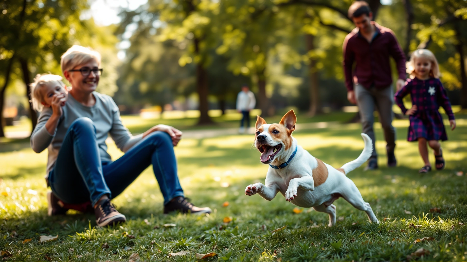 Parson Jack Russell Terrier playing fetch with a young family in a sunny park, joyful candid photo