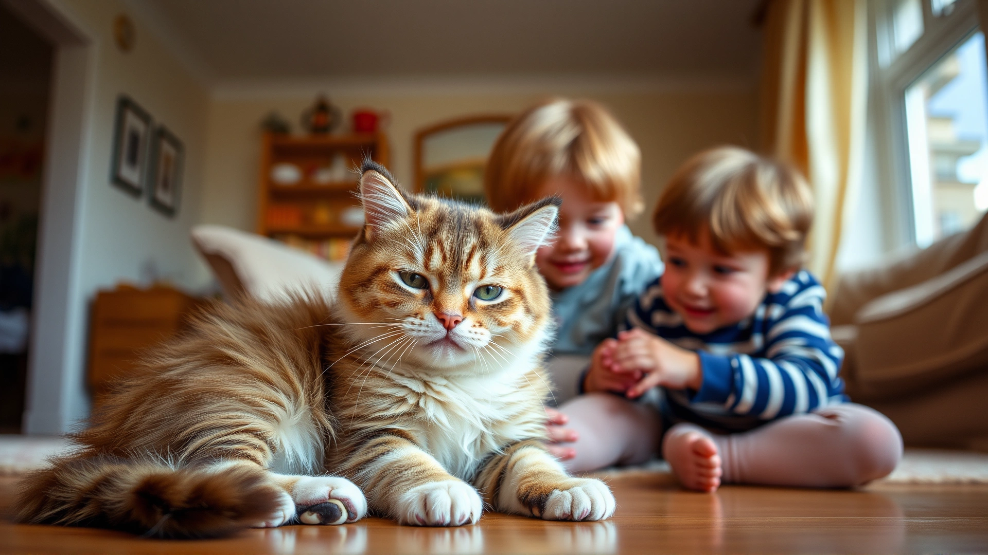 Scottish Fold cat playing gently with two young children in a living room filled with warm light.