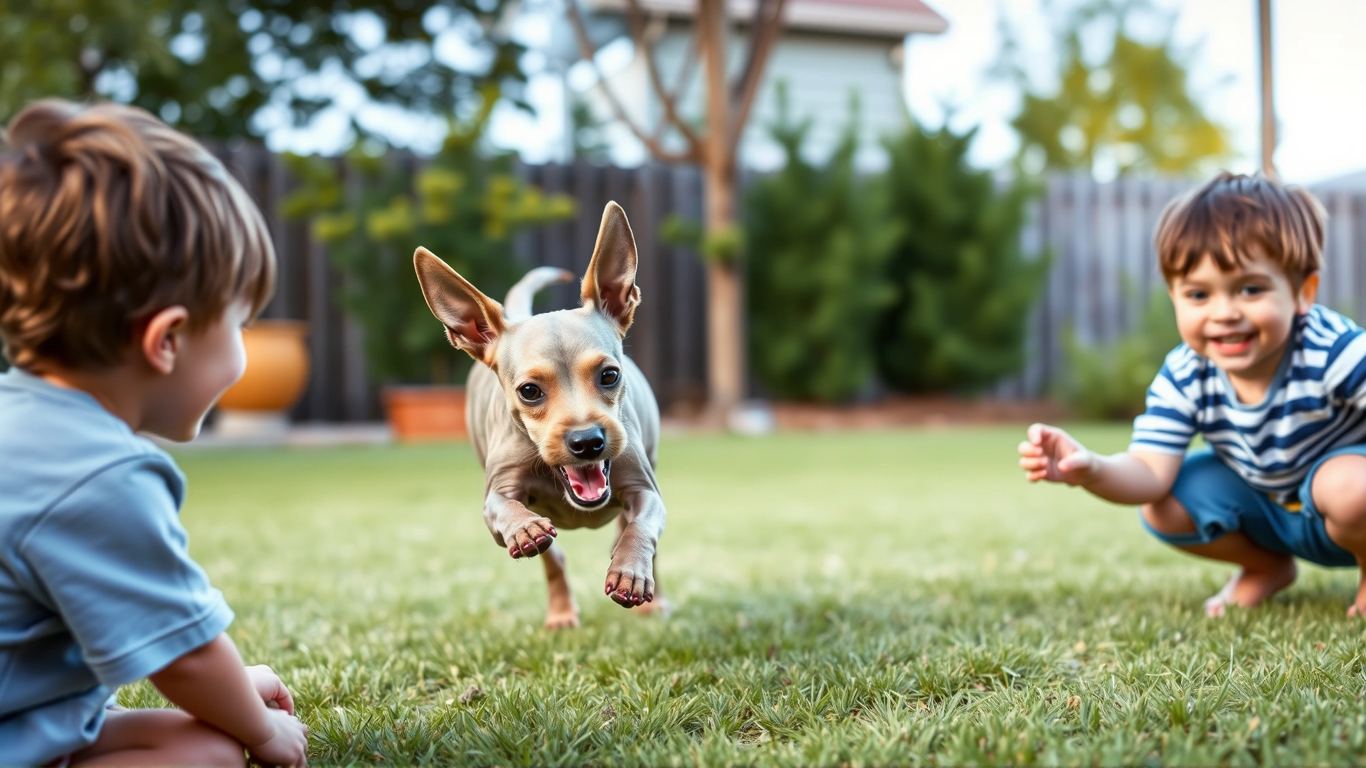 American Hairless Terrier playing fetch with two children in a backyard, joyful interaction