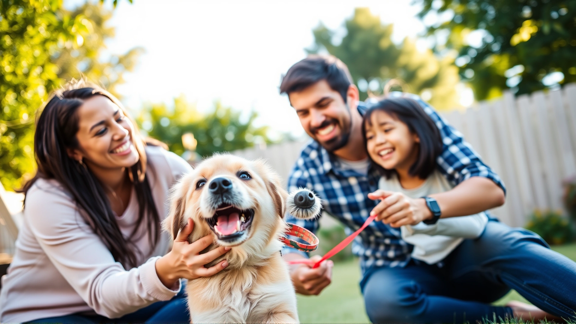 Young family laughing and playing fetch with their energetic puppy in a sunlit backyard, showcasing the joyful moments insurance helps protect.