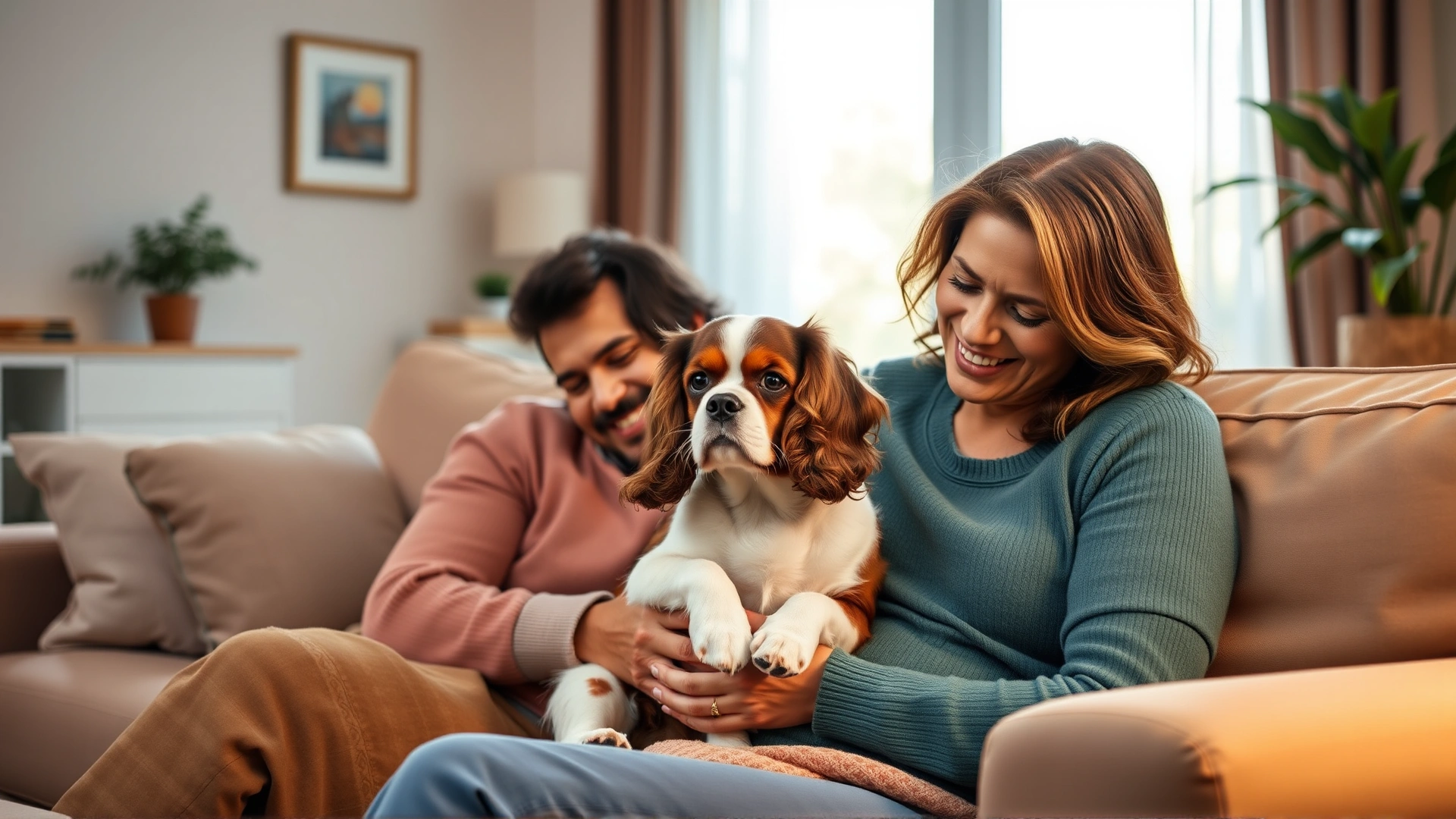 A smiling family cuddling with their Cavalier King Charles Spaniel on a cozy living-room sofa, warm evening light