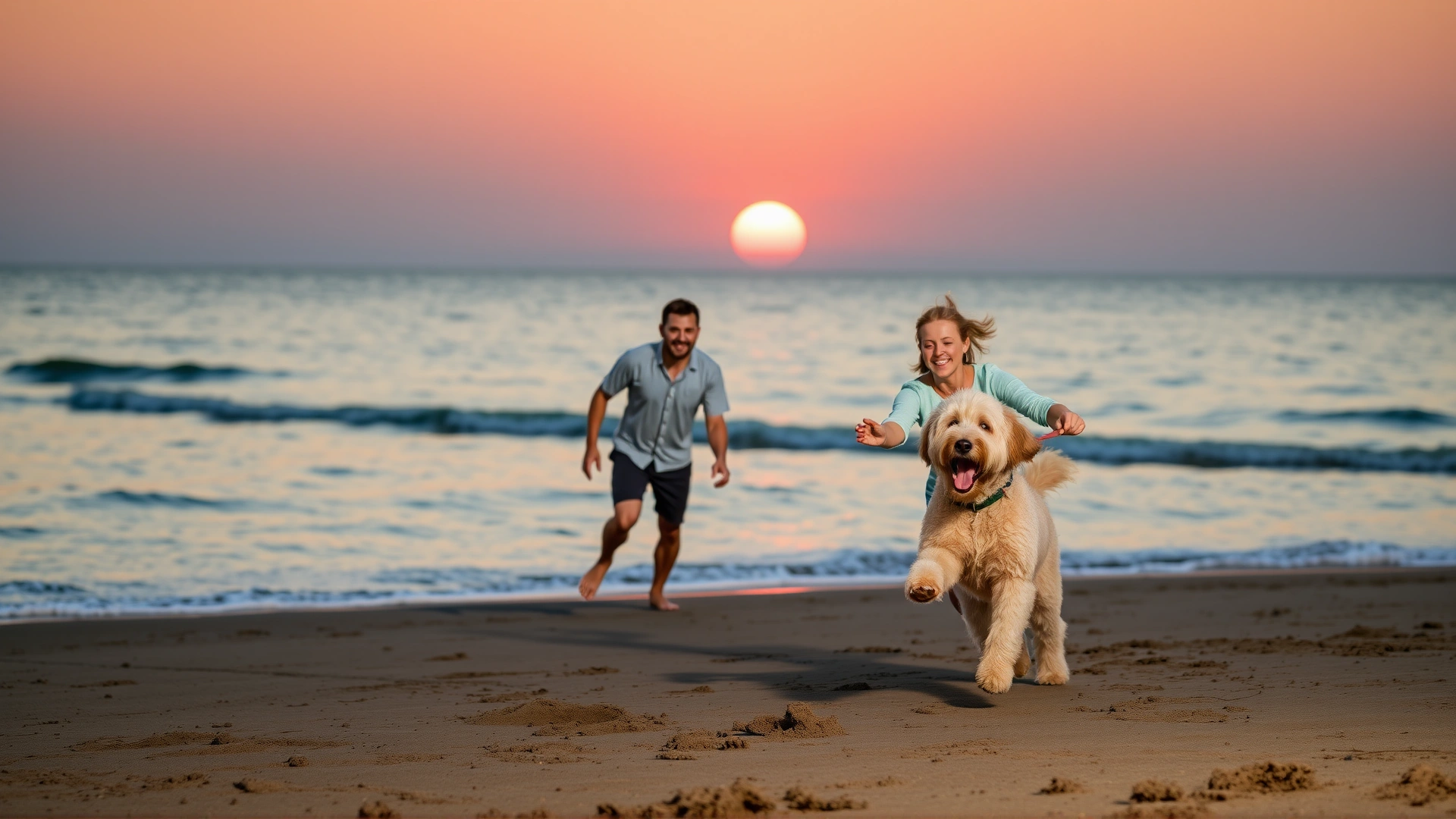 Happy family playing fetch with their Goldendoodle on a beach at sunset, dog leaping to catch a ball.