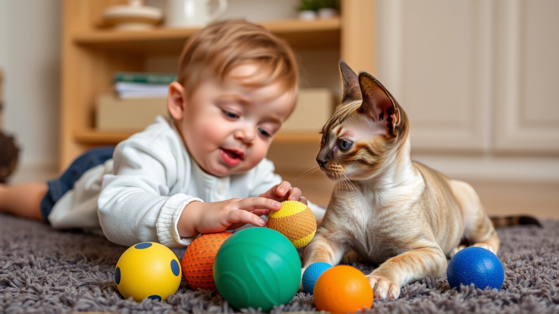 Young child and Devon Rex cat playing together with colorful toy balls on a plush rug
