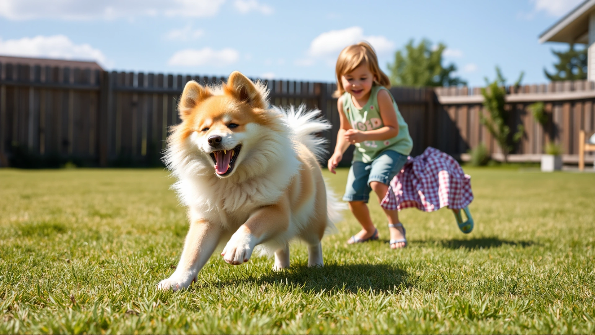 Finnish Spitz happily playing fetch with two children in a fenced backyard on a clear summer day