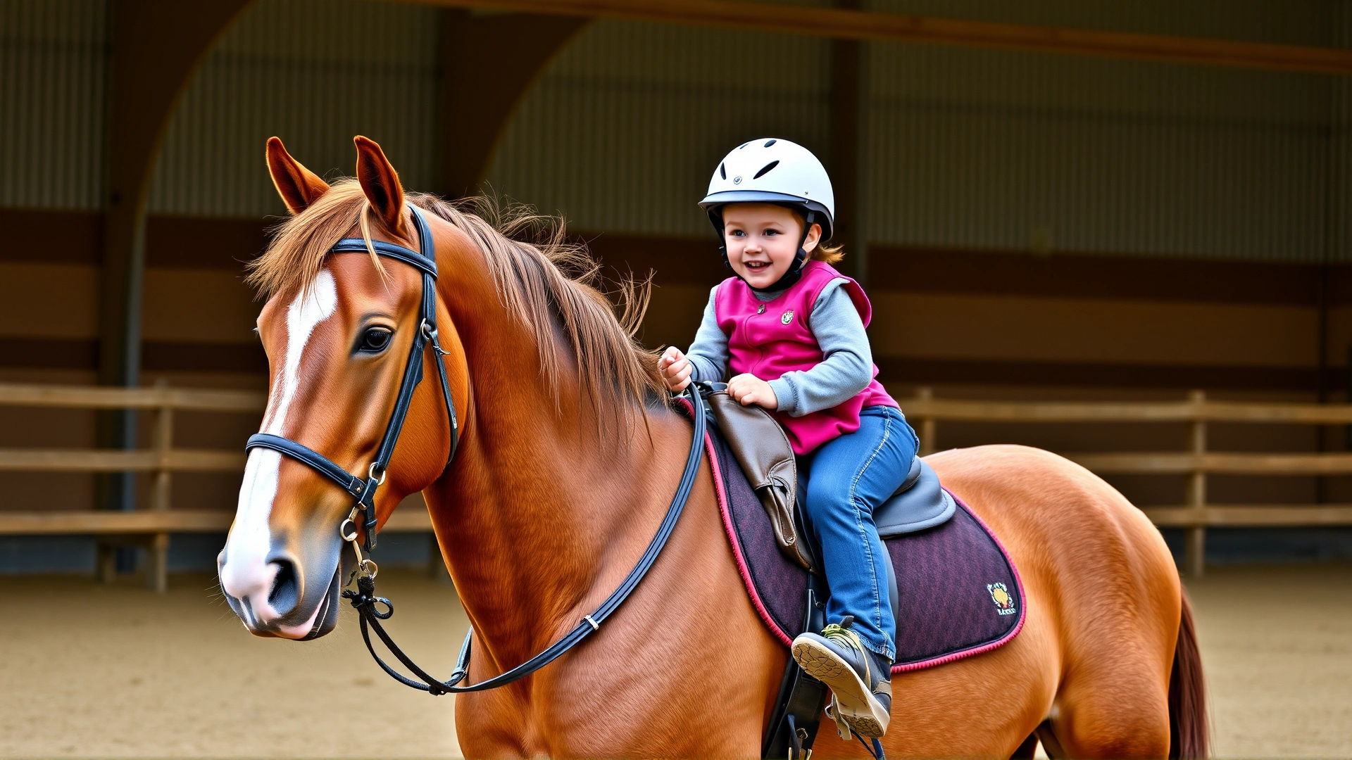 Friendly scene of a family (adult and child) riding a calm Irish Cob in a safe arena, both wearing helmets. The horse's gentle demeanor should be evident.