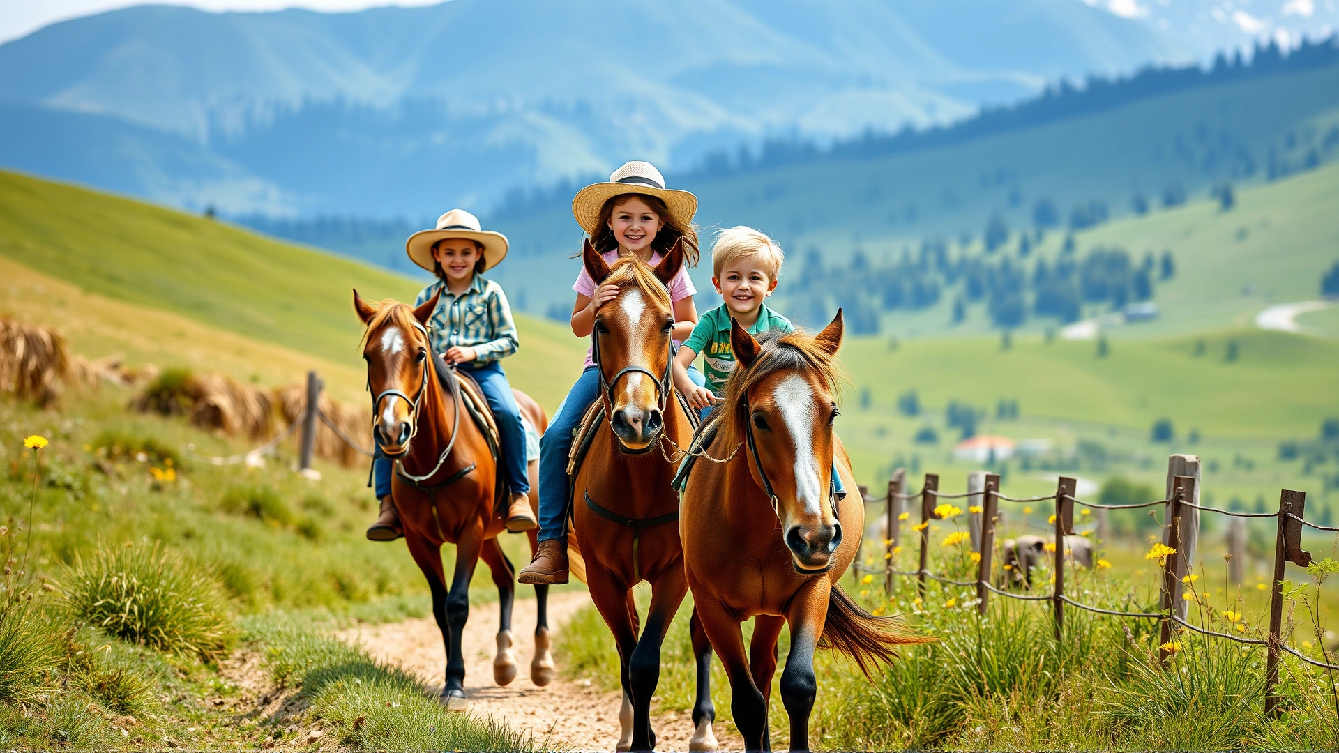 Happy family with two children riding small Galiceño horses on a scenic trail, showcasing breed's suitability for kids, outdoor photography