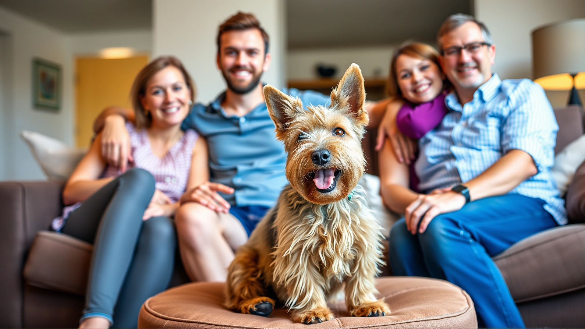 Happy Welsh Terrier sitting on a living-room couch surrounded by a smiling family in casual wear.