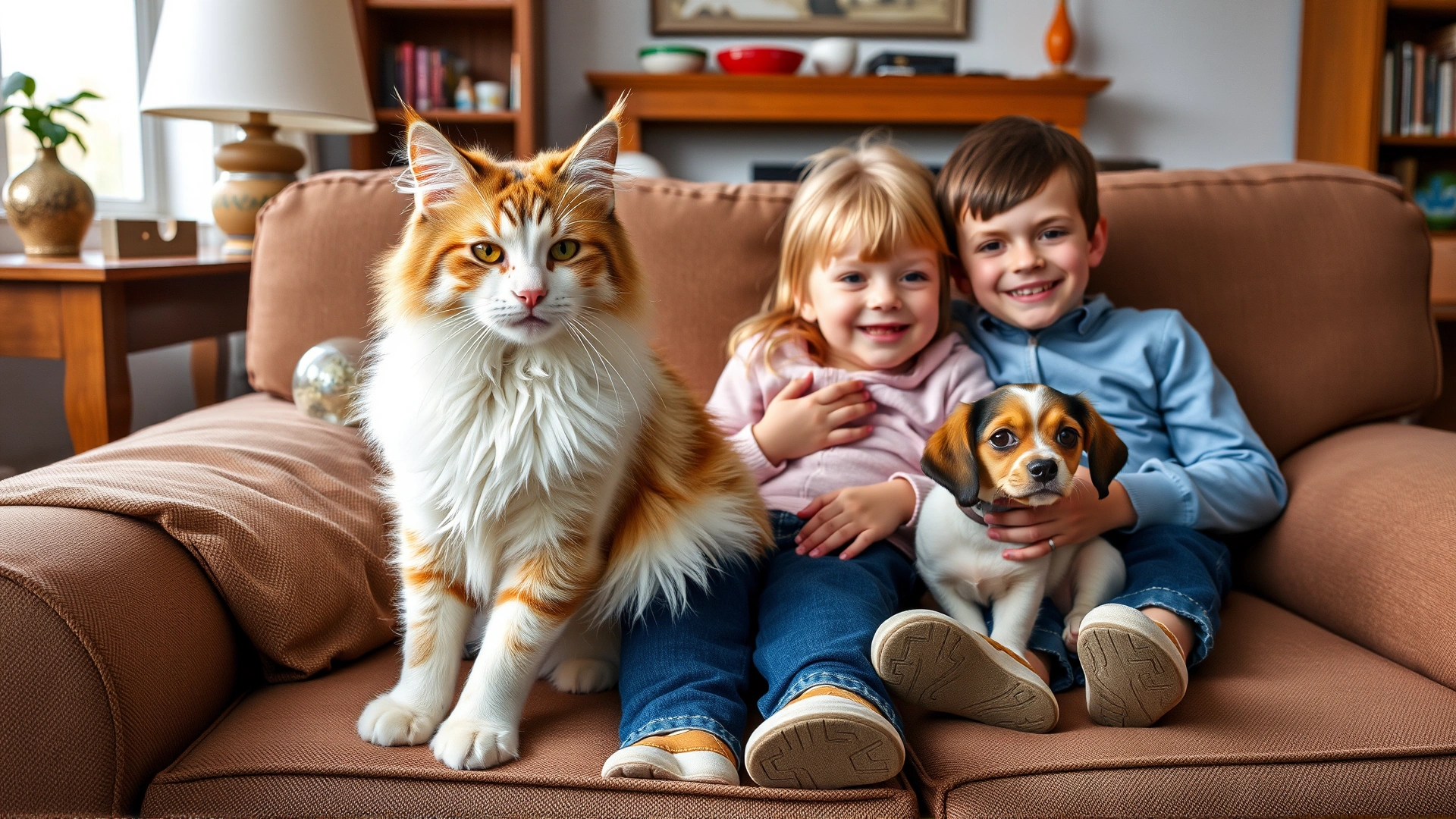 Snowshoe cat sitting on a couch with two smiling children and a small dog, warm family atmosphere, living room