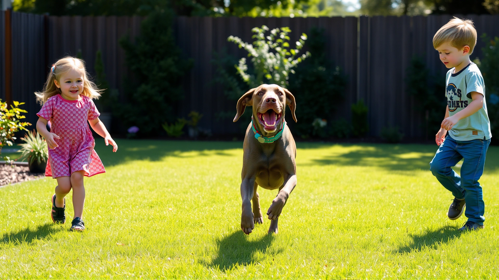 A cheerful backyard scene with a Weimaraner playing fetch with two school-aged children on lush green grass under bright daylight.