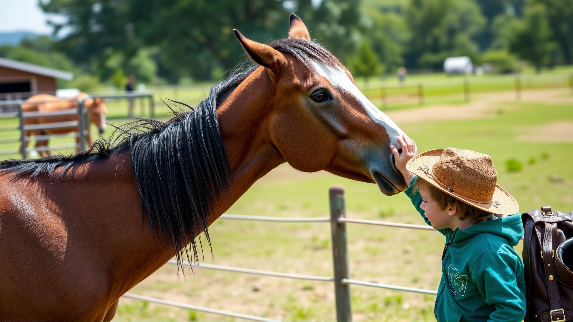 A child petting a gentle Argentine Criollo horse on a ranch, conveying the breed's friendly temperament.