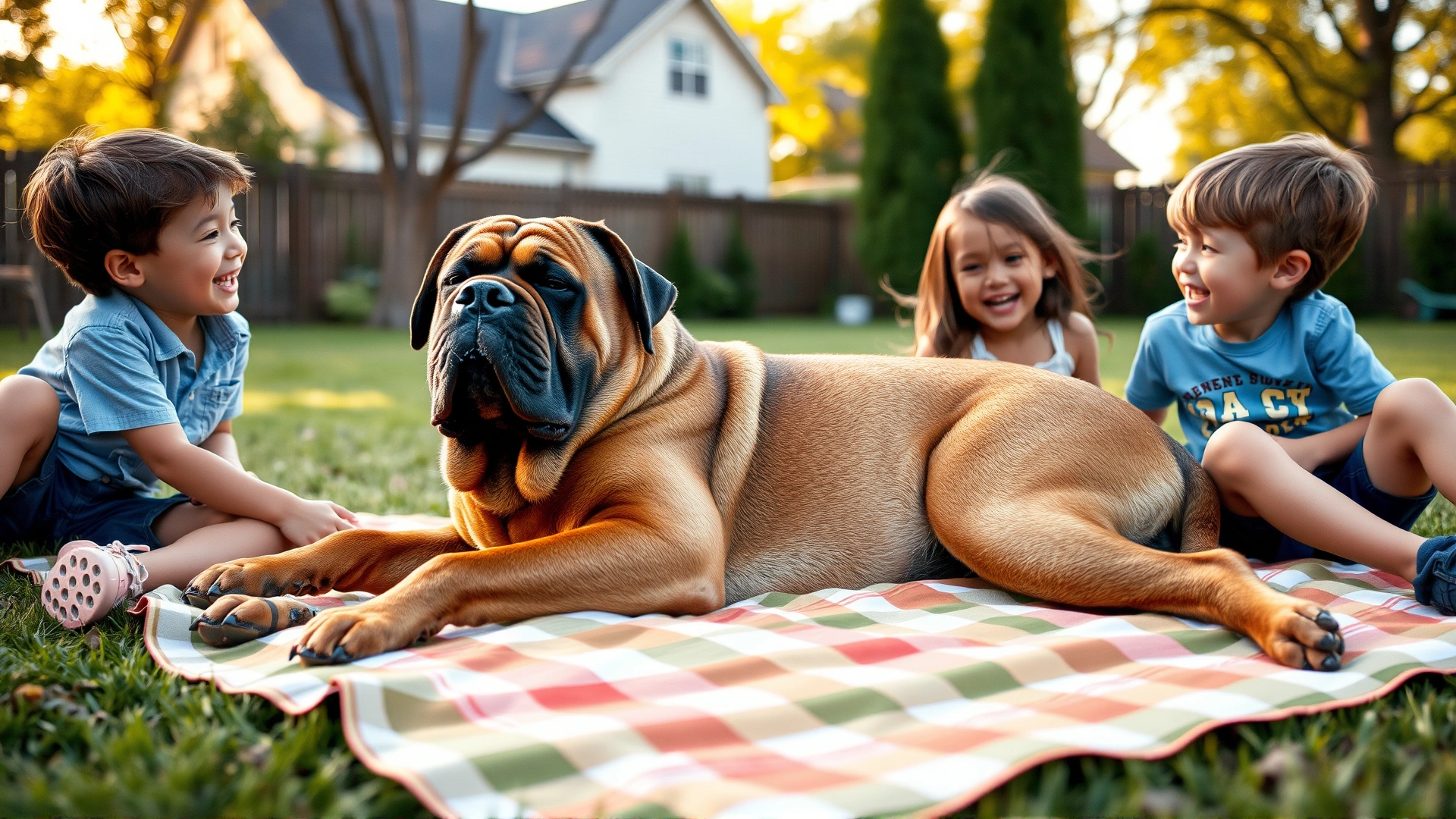 Dogue de Bordeaux lying peacefully beside two laughing children on a picnic blanket in a suburban backyard, late-afternoon glow