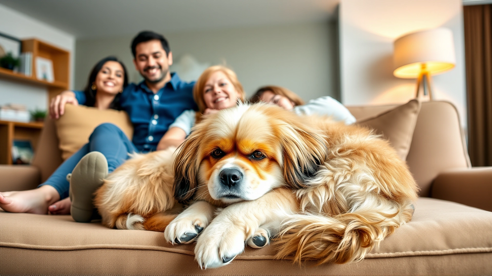Tibetan Spaniel curled up with a smiling family on a modern sofa, cozy home setting.