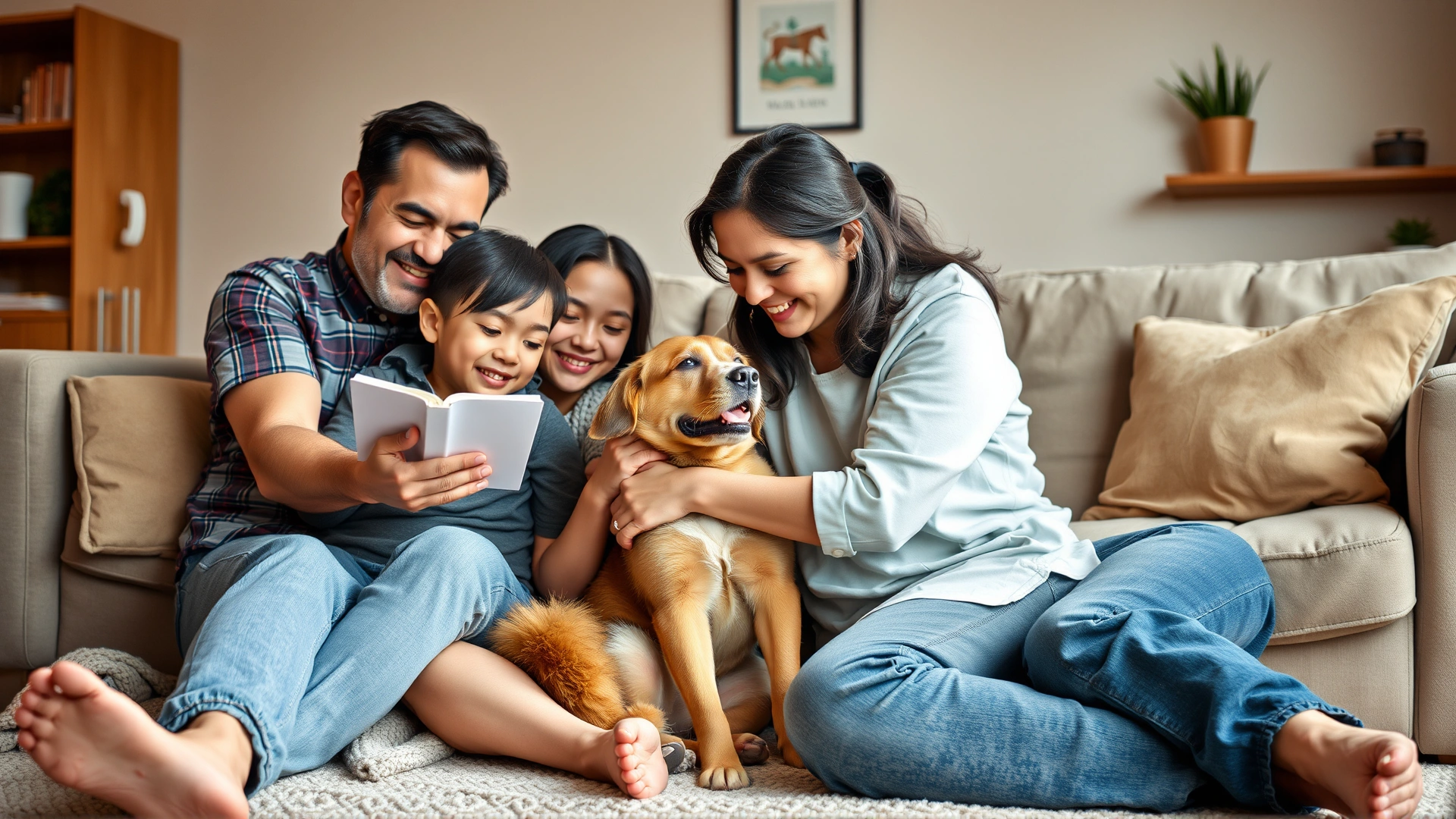 Family members sitting together on the living-room floor, hugging and sharing stories about their deceased pet in a warm atmosphere