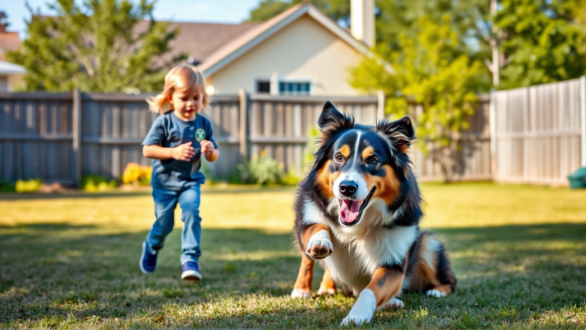 Two children playing fetch with an Australian Shepherd in a fenced backyard on a sunny day, house in background.