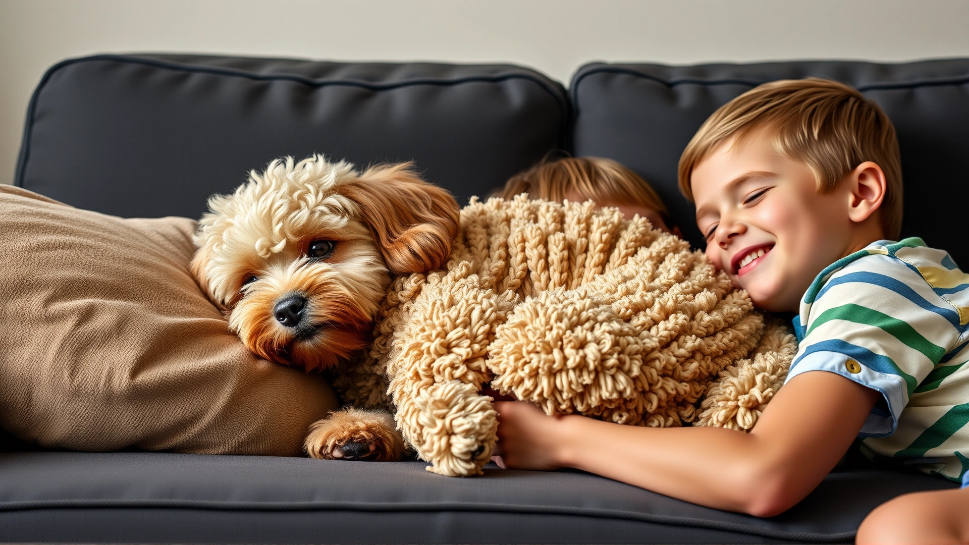 Cockapoo cuddling on a couch with two smiling kids.