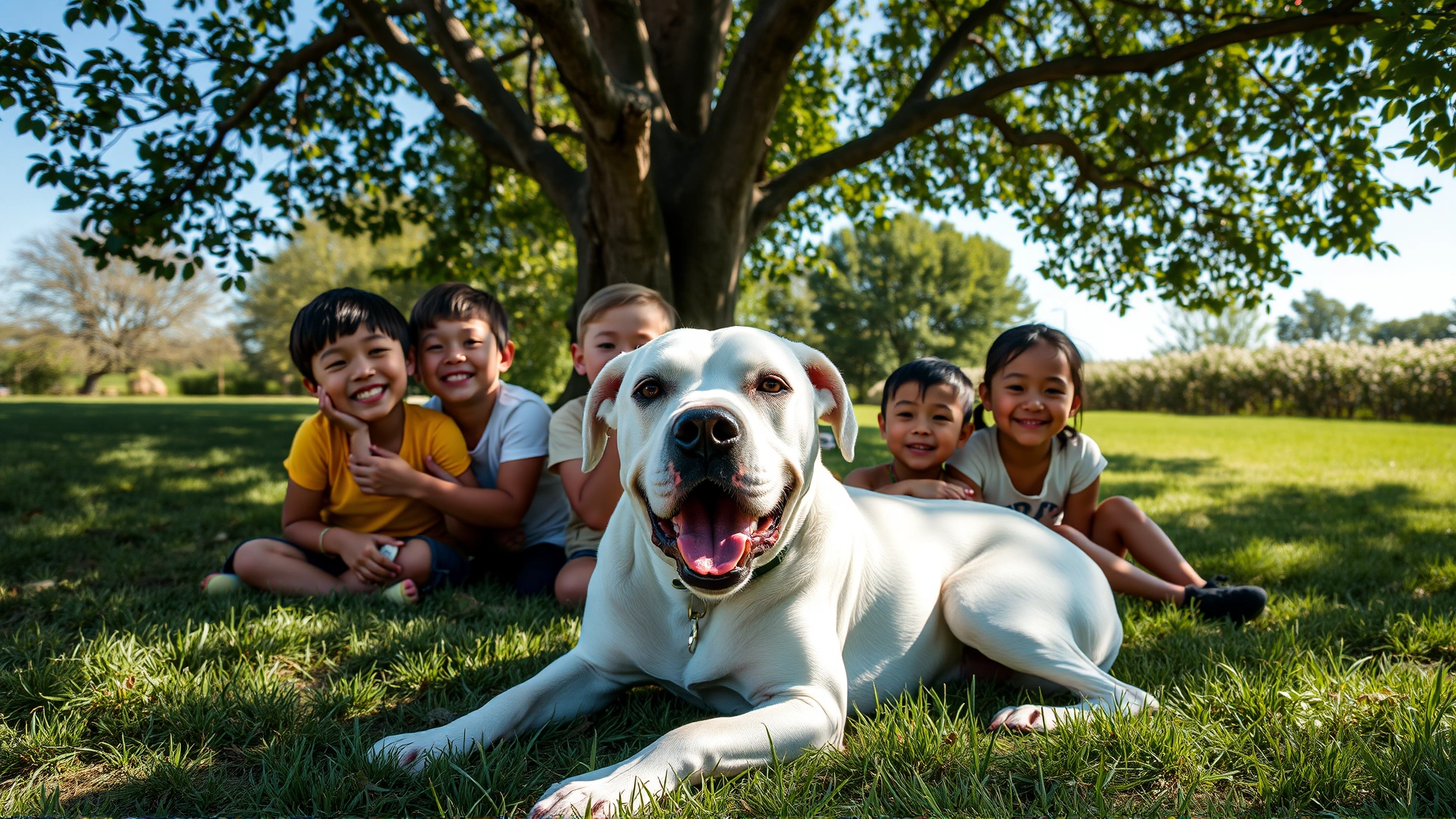 Friendly Dogo Argentino lying on grass surrounded by smiling children under a leafy tree on a sunny day