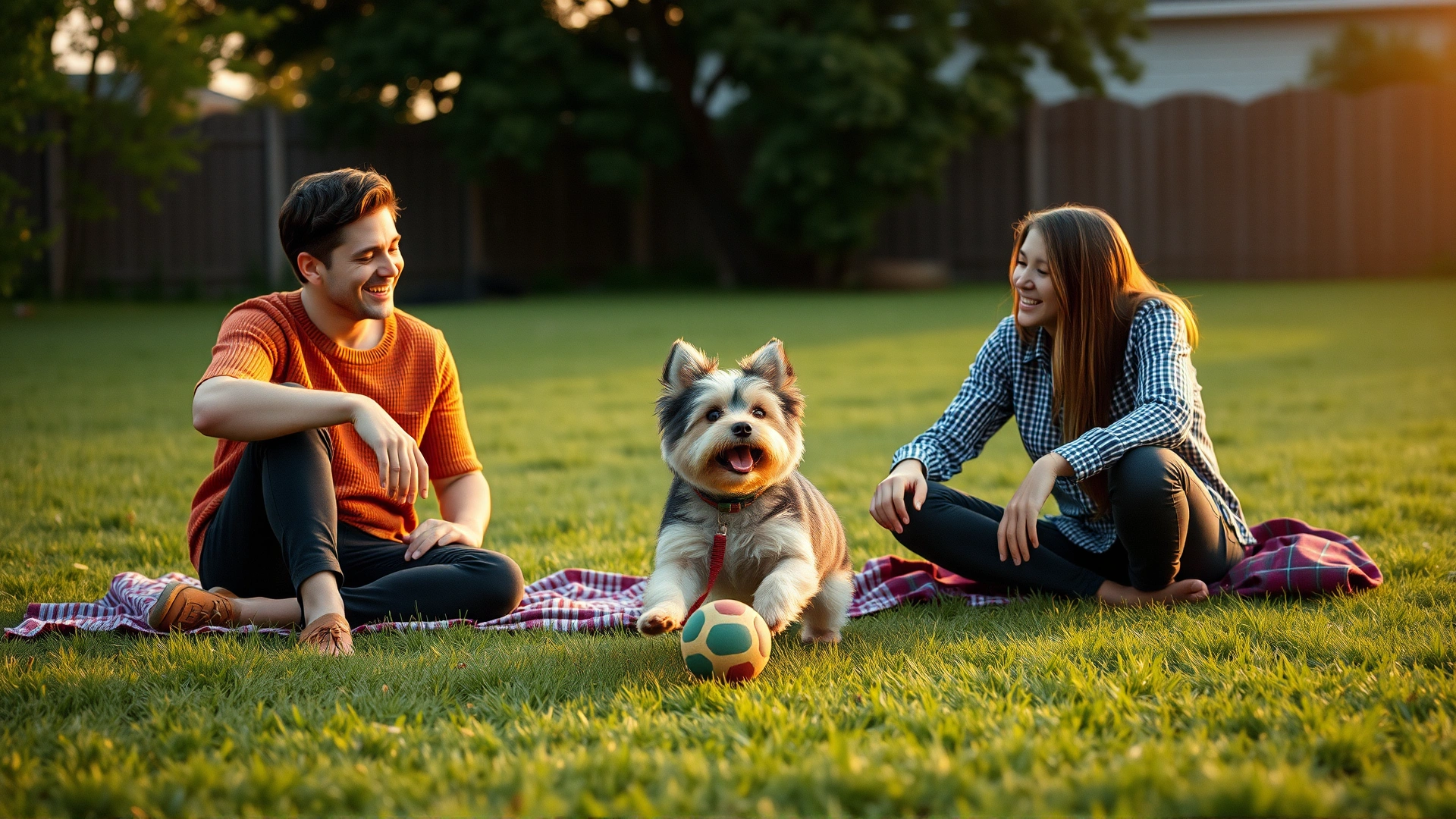 Small family (two adults and a teenage child) laughing while a Dorkie fetches a ball in a backyard, evening golden hour
