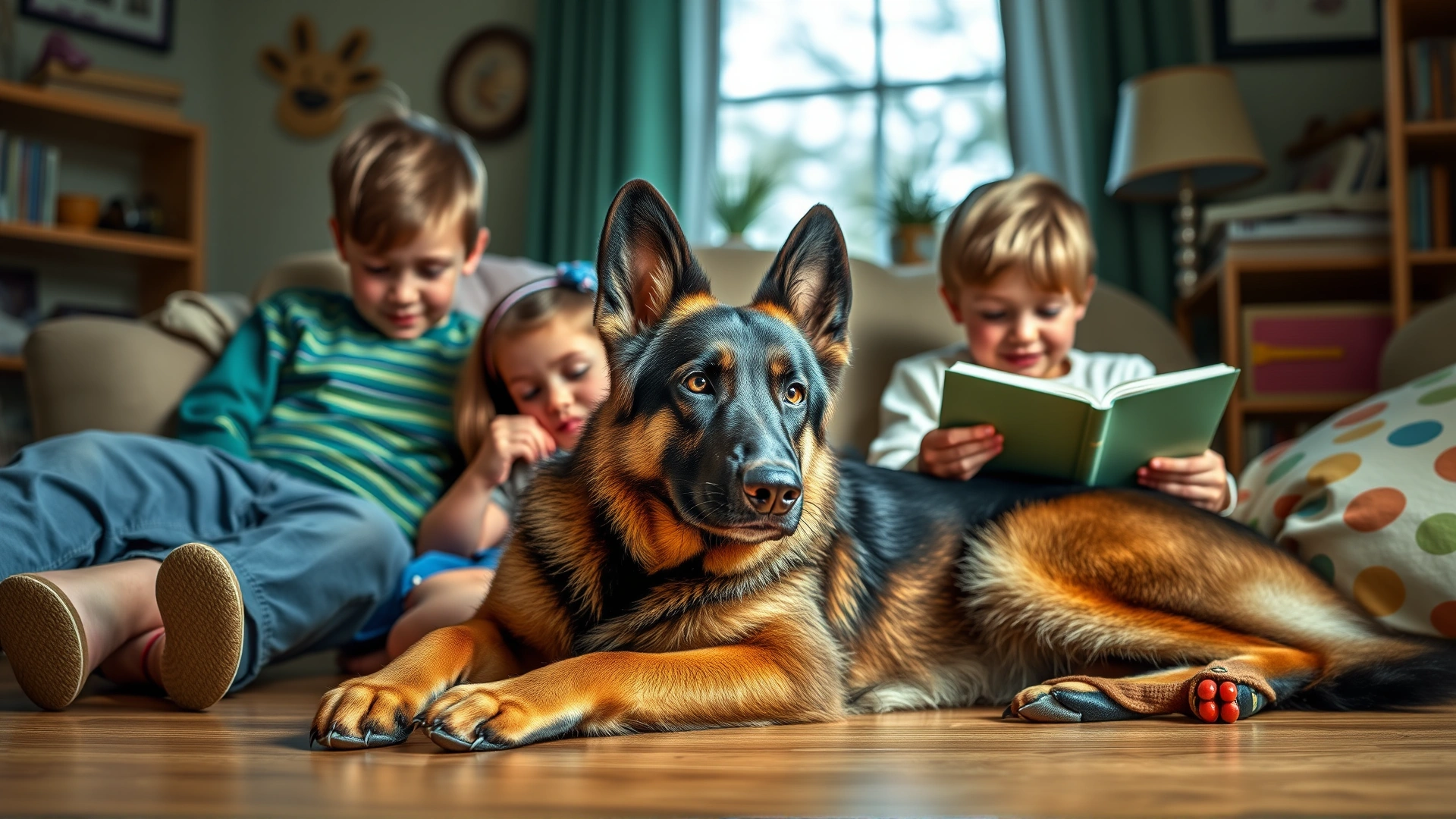 Dutch Shepherd relaxing indoors with two young children who are reading a book, conveying family friendliness.