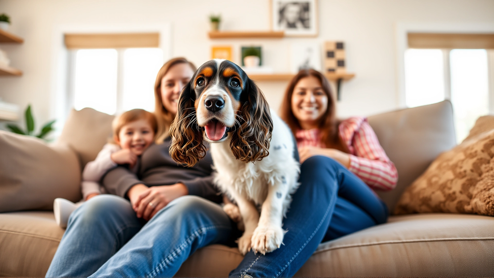 English Cocker Spaniel sitting happily with a smiling family on a living-room sofa