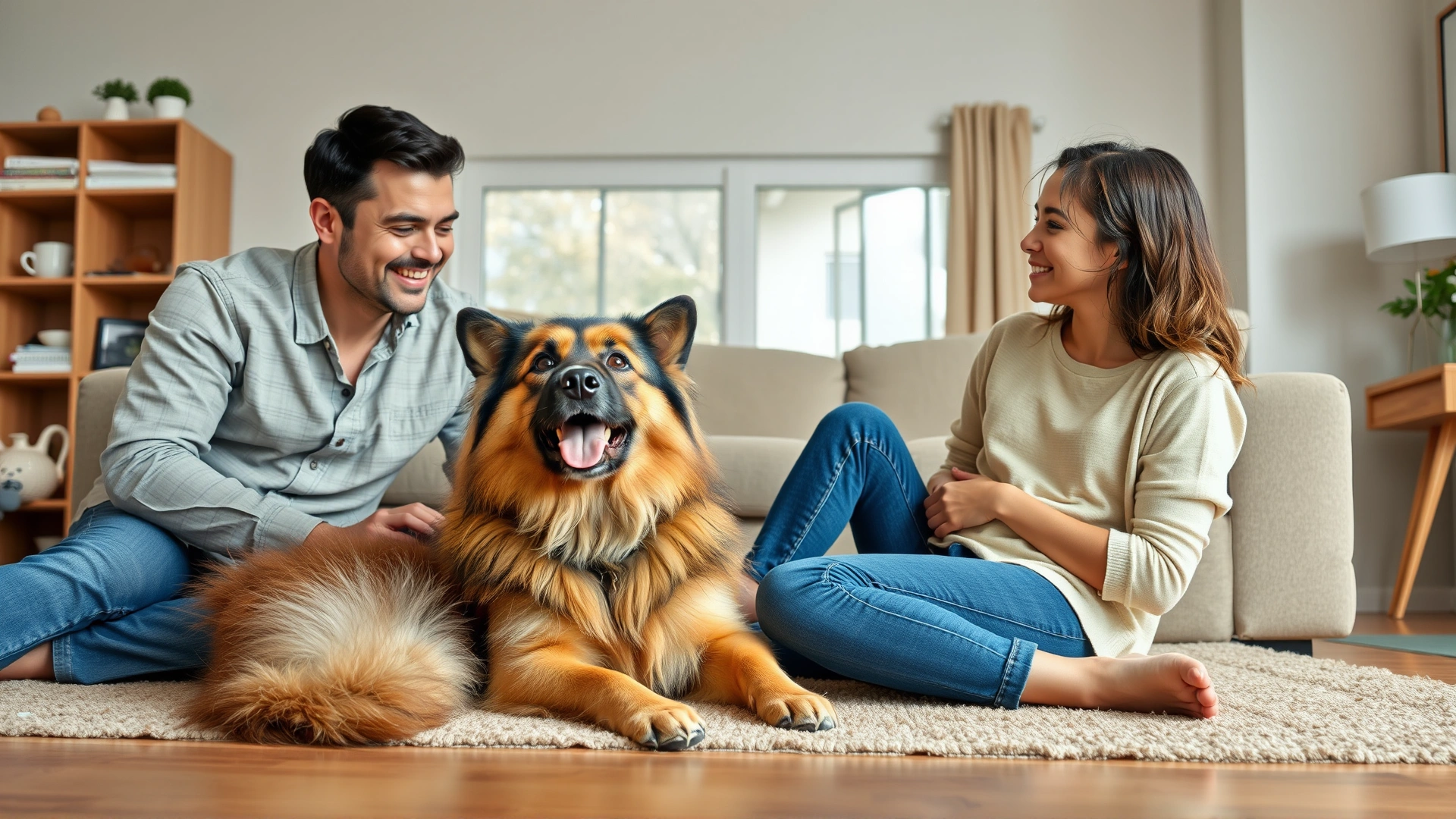A happy family with two kids sitting on the living-room floor while a calm Eurasier lies comfortably among them