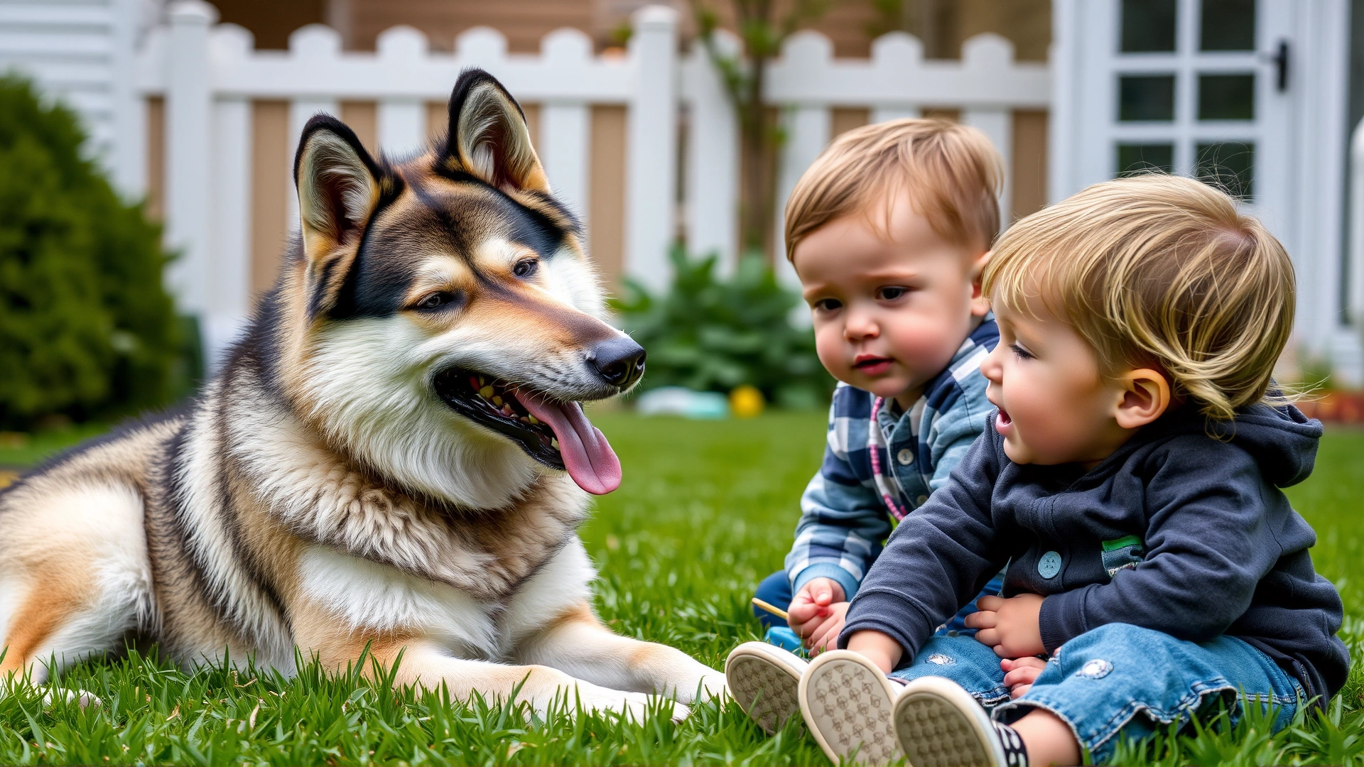 A Gerberian Shepsky gently playing with two children in a backyard setting.