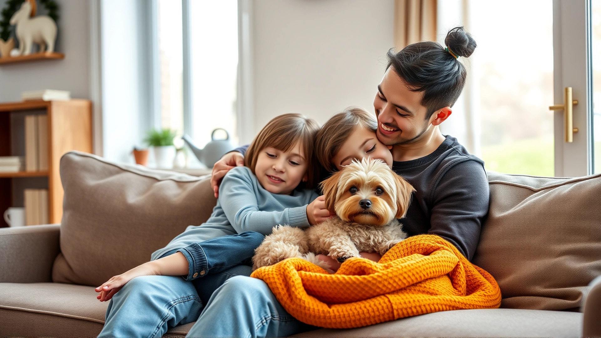 A smiling family with two children cuddling a Havapoo on a cozy living-room sofa, natural light
