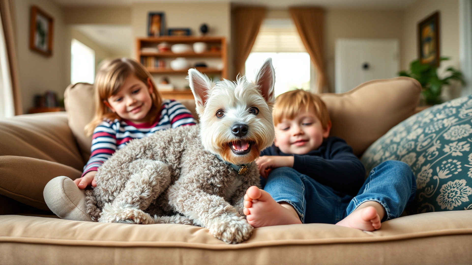 Happy Bedlington Terrier cuddling on a living-room sofa with two children, cozy home environment, natural lighting