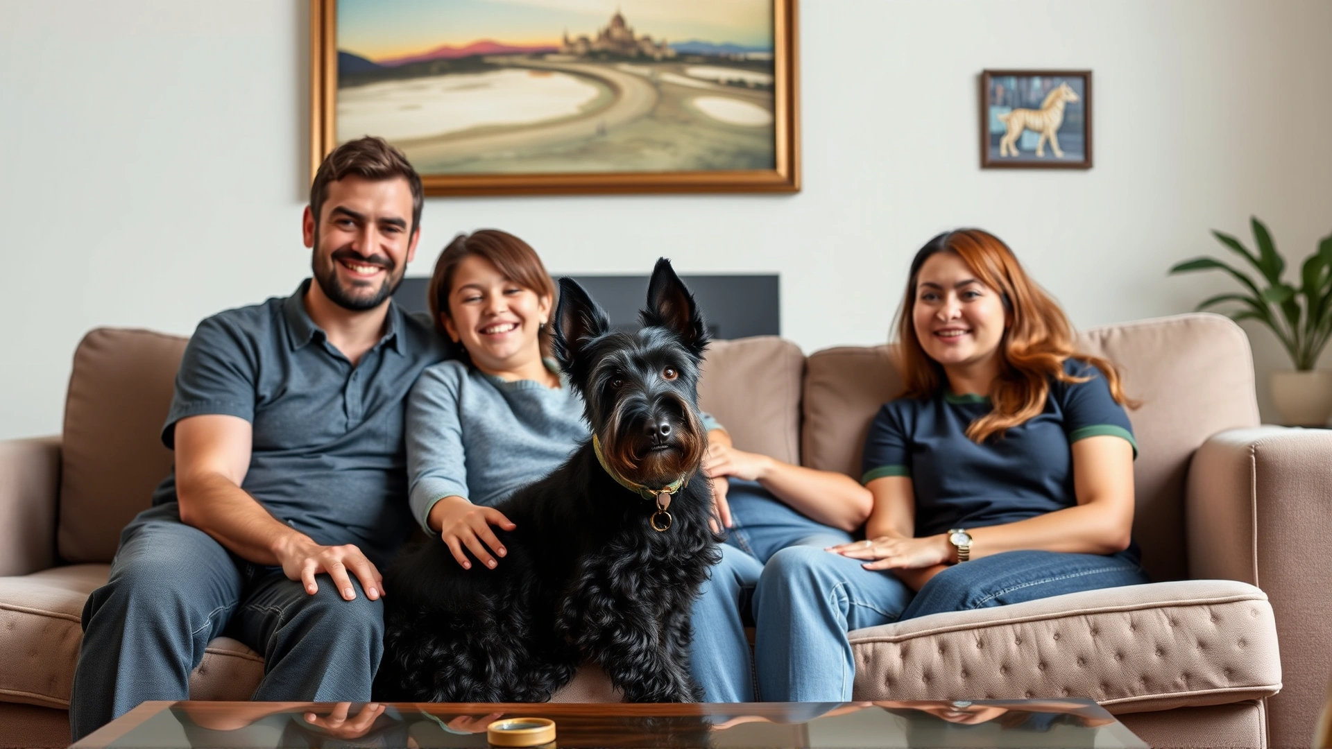 A smiling family of four sitting on a living-room couch with their Kerry Blue Terrier relaxed beside them.