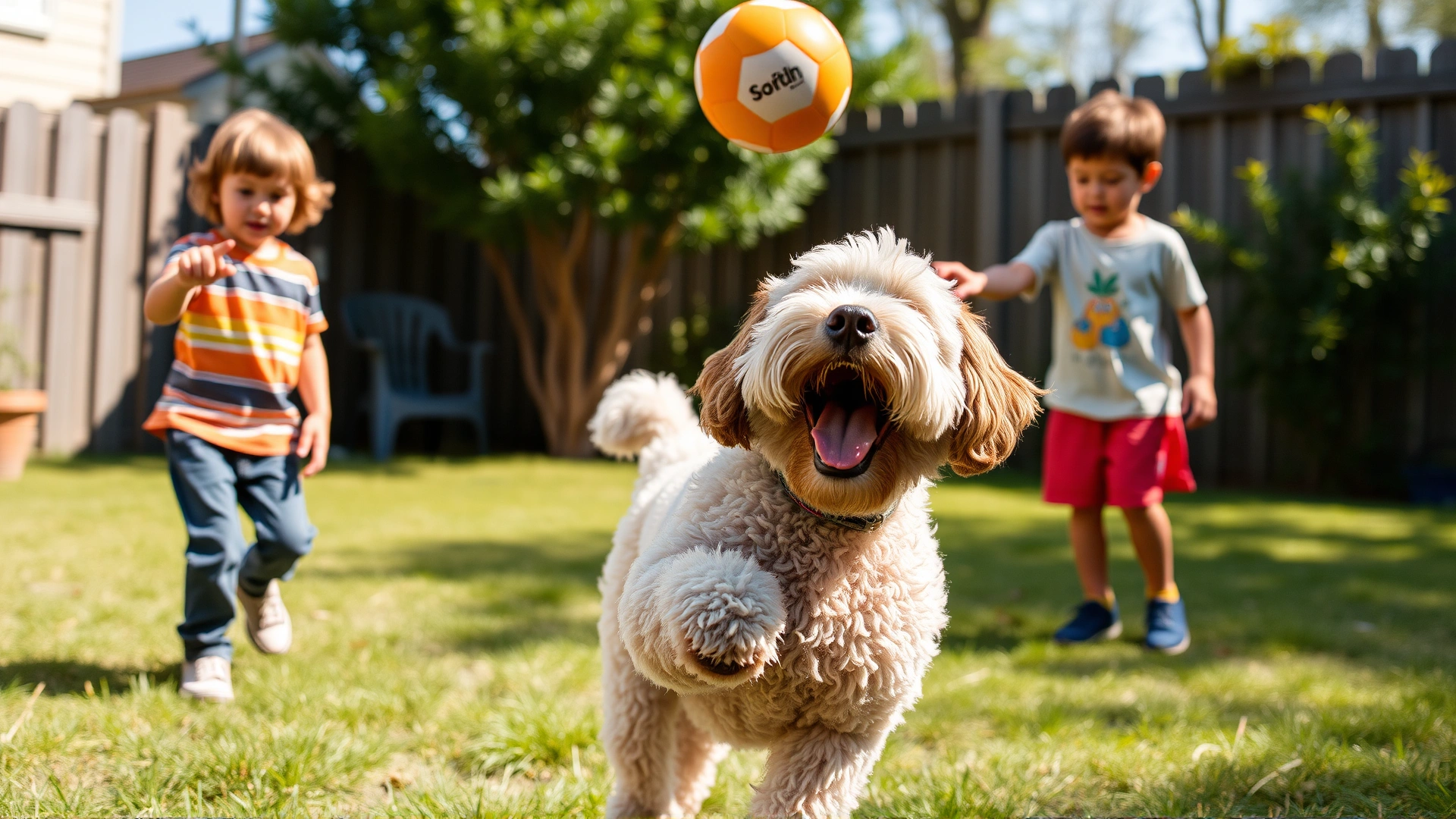 Lagotto Romagnolo happily playing in a backyard with two children tossing a ball, sunny afternoon vibe.