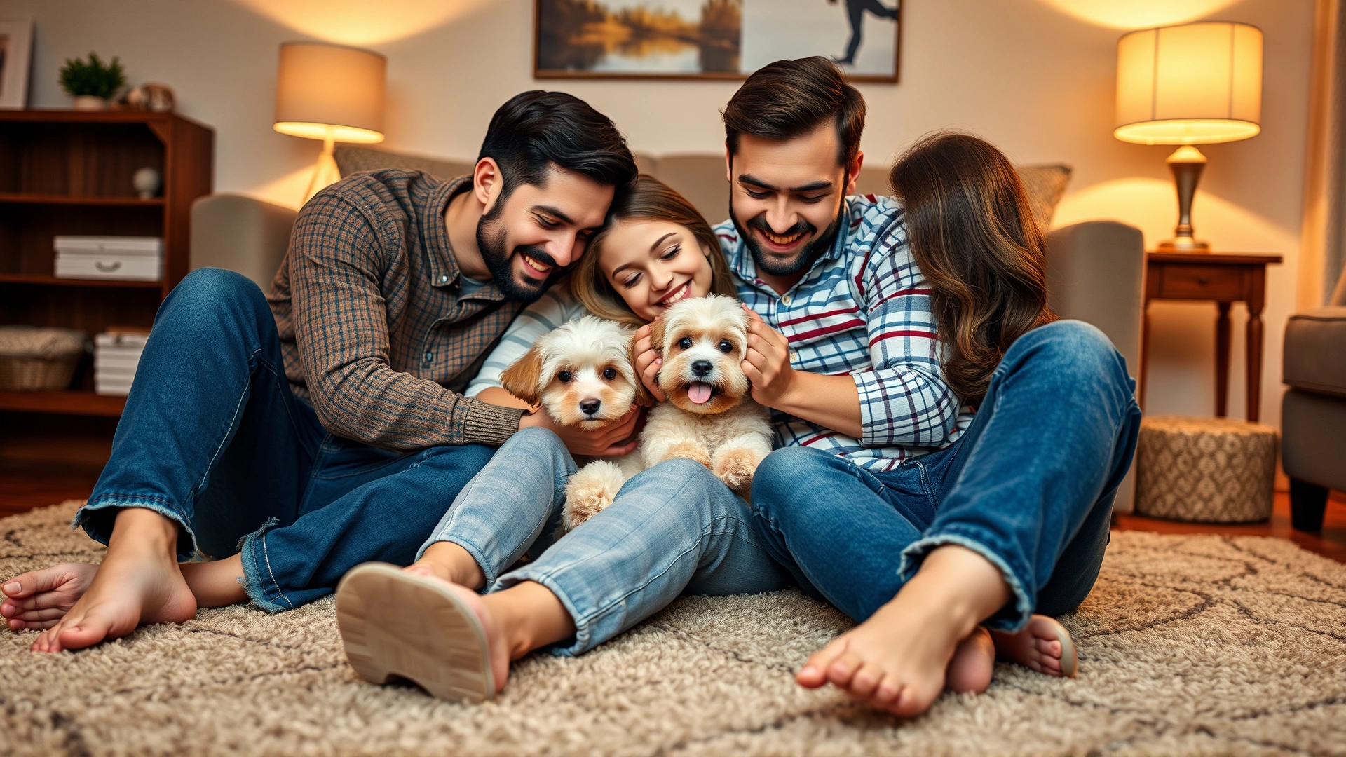 Family of four cuddling with their Maltipoo on a living room carpet, warm lighting, joyful expressions
