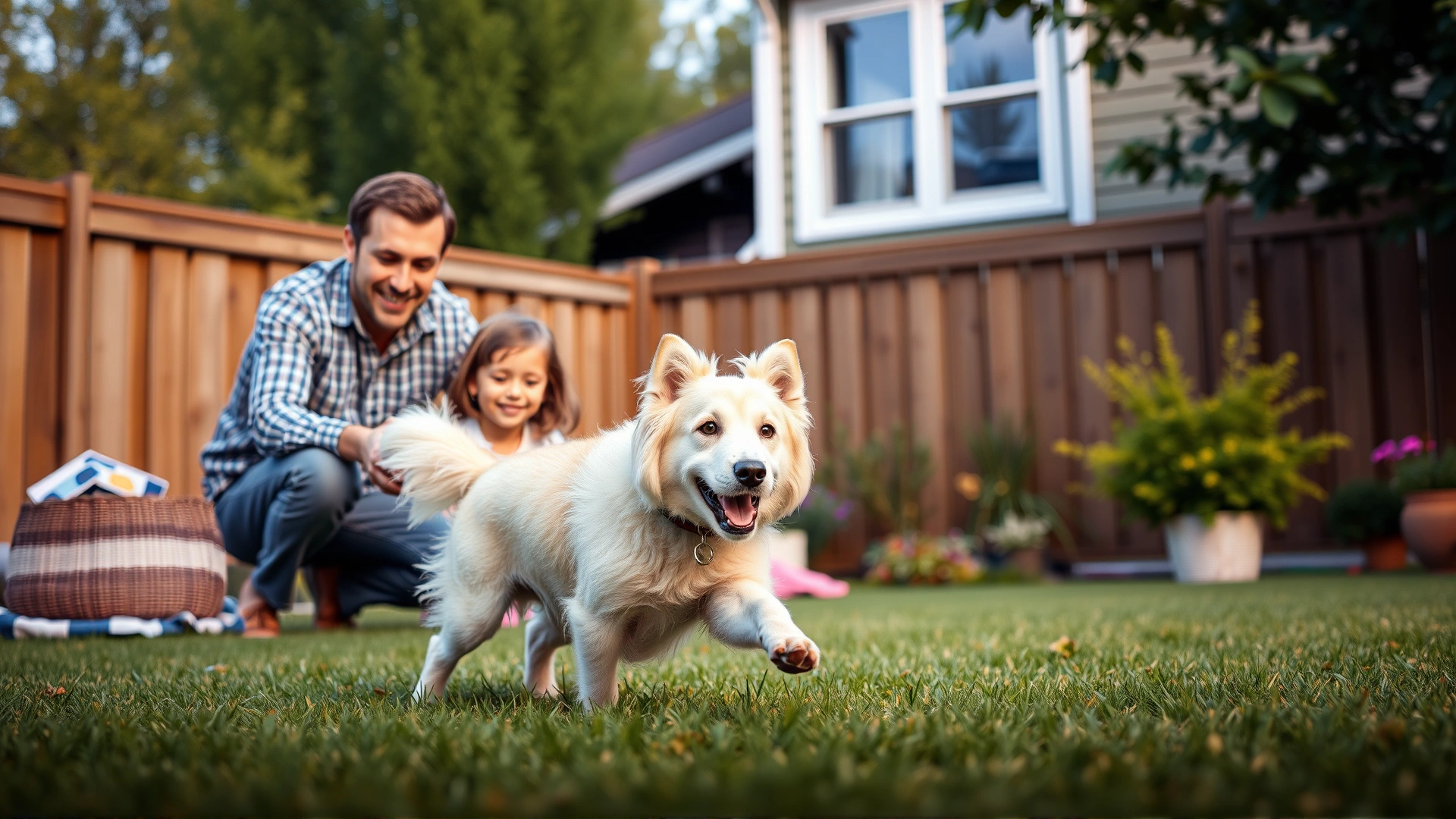 Happy family with children in a backyard playing fetch with a Pudelpointer