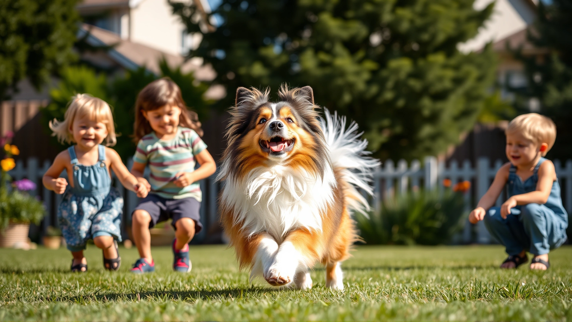 Shetland Sheepdog playing fetch with two young children in a sunny suburban backyard, joyful atmosphere.