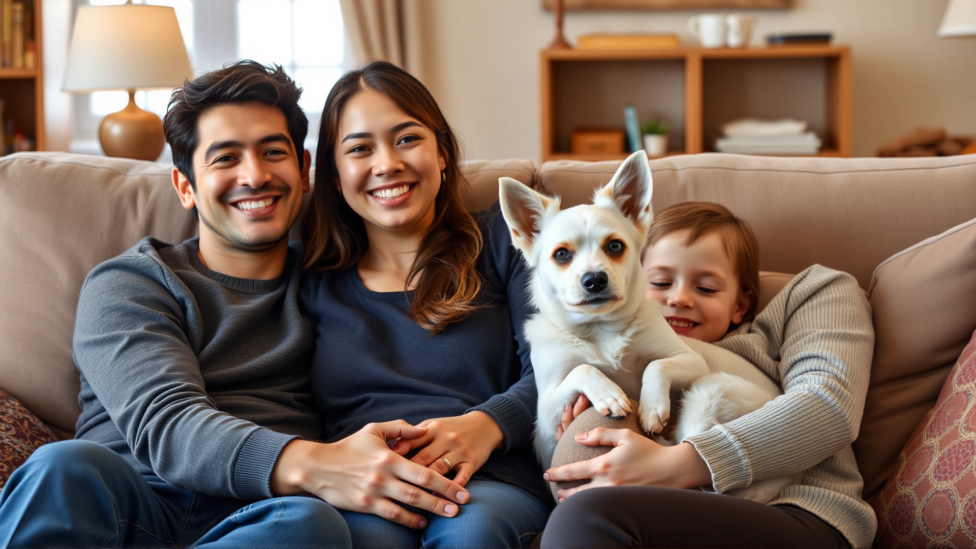 Smiling family sitting on couch with Toy Fox Terrier curled up on child's lap, cozy living room, candid shot, no text