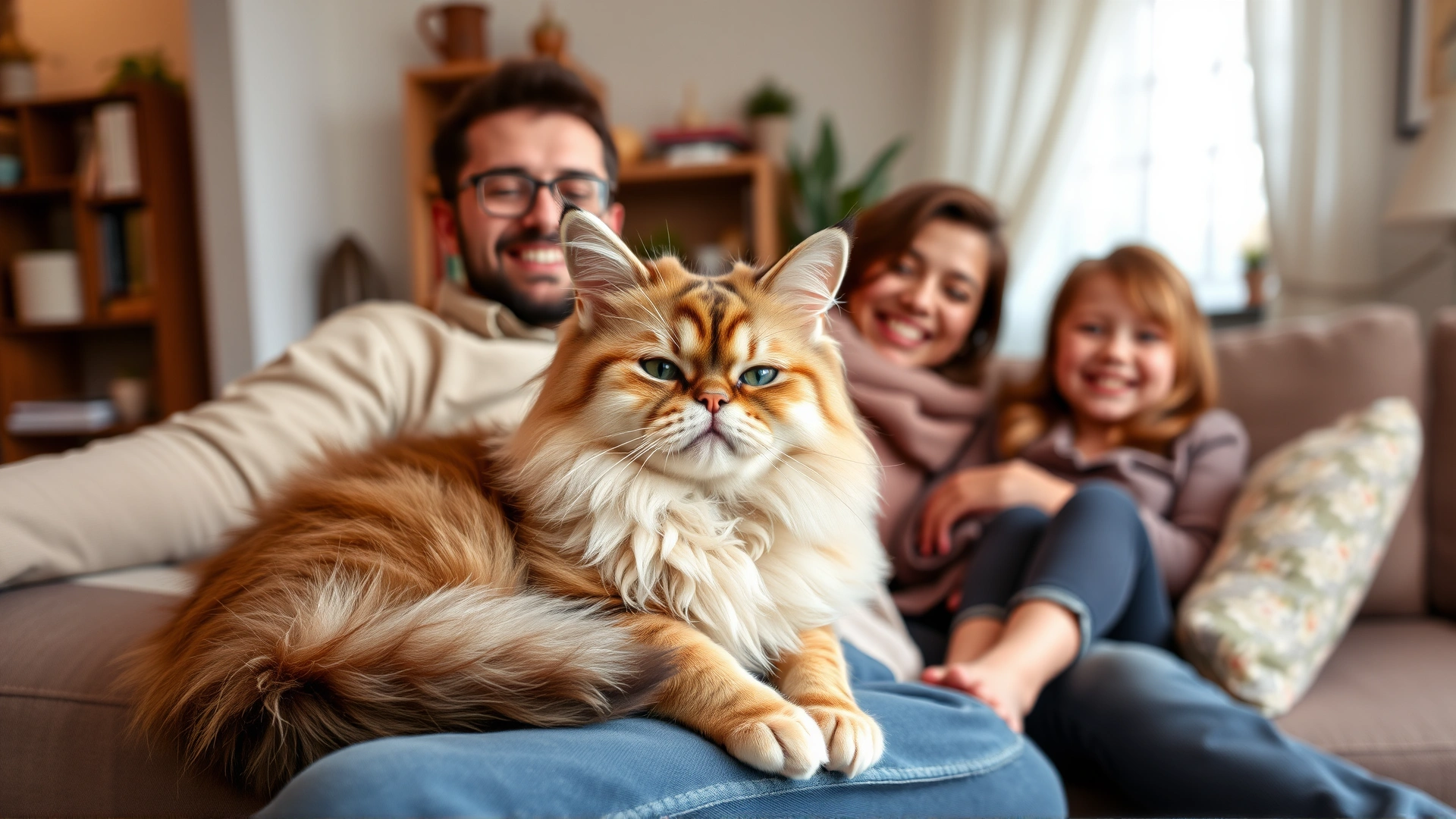 A calm Peke-Faced cat cuddled on a sofa with a smiling family in a cozy living room