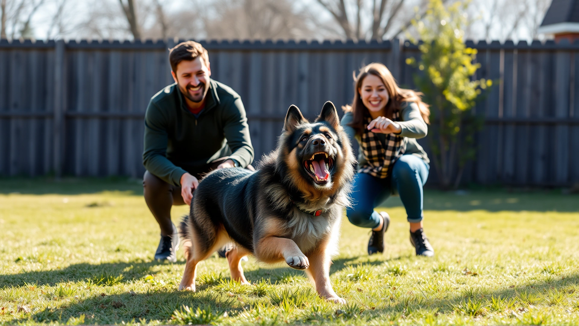 Smiling family playing fetch with a Belgian Sheepdog in a fenced backyard on a sunny afternoon