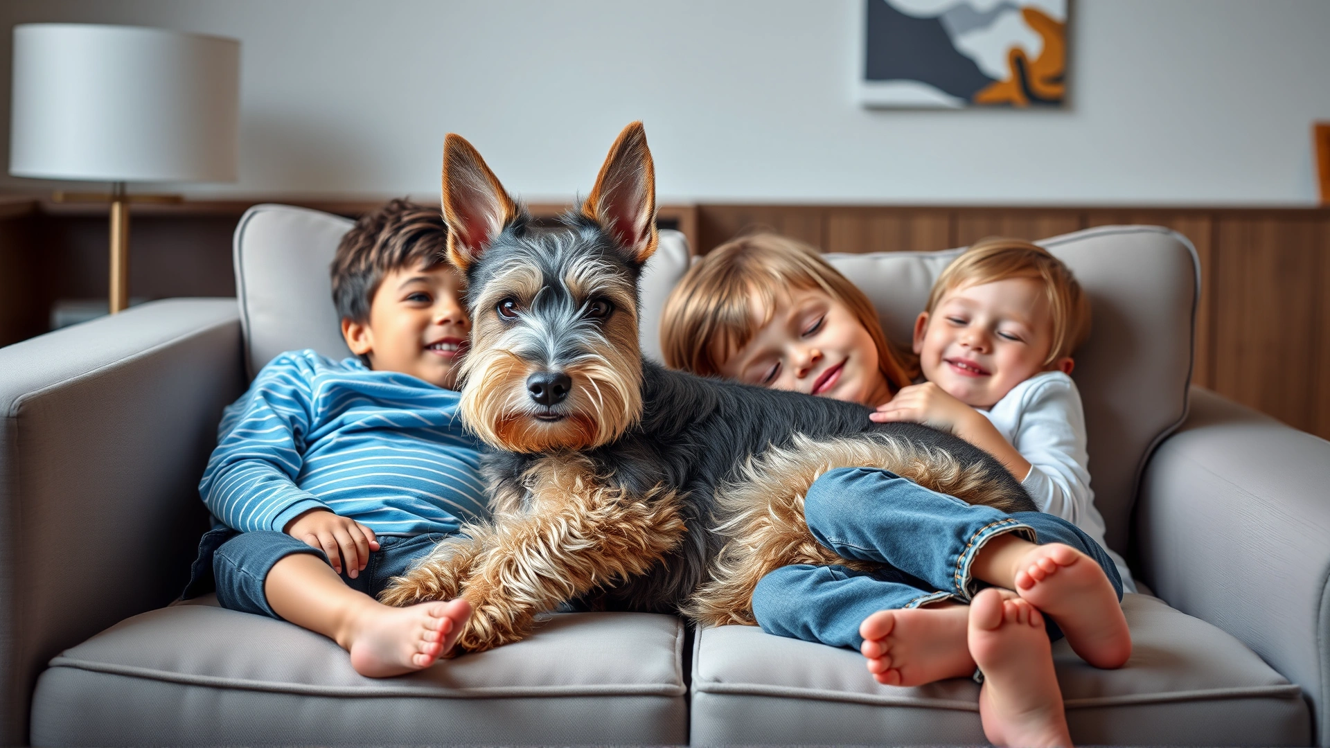 A Biewer Terrier snuggling on a modern sofa with two smiling children, conveying the breed’s family-friendly nature.