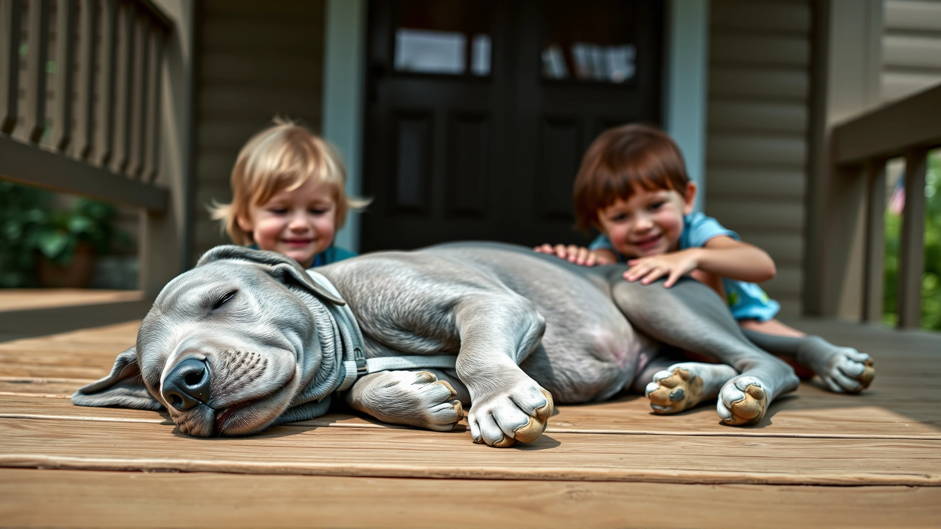 Blue Lacy lying peacefully on a wooden porch while two smiling children gently pet it.