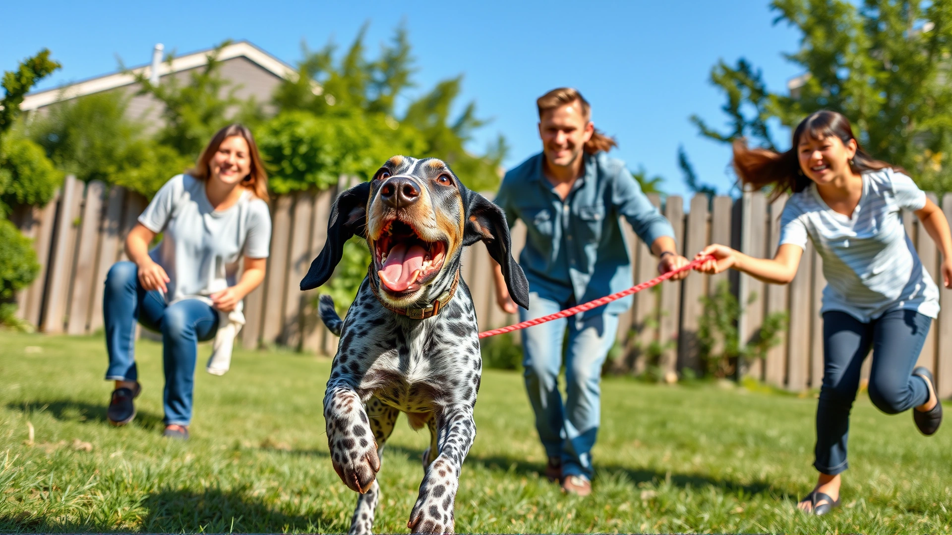 A family of four playing fetch with their Bluetick Coonhound in a fenced backyard on a sunny afternoon, joyful expressions and dynamic movement captured.