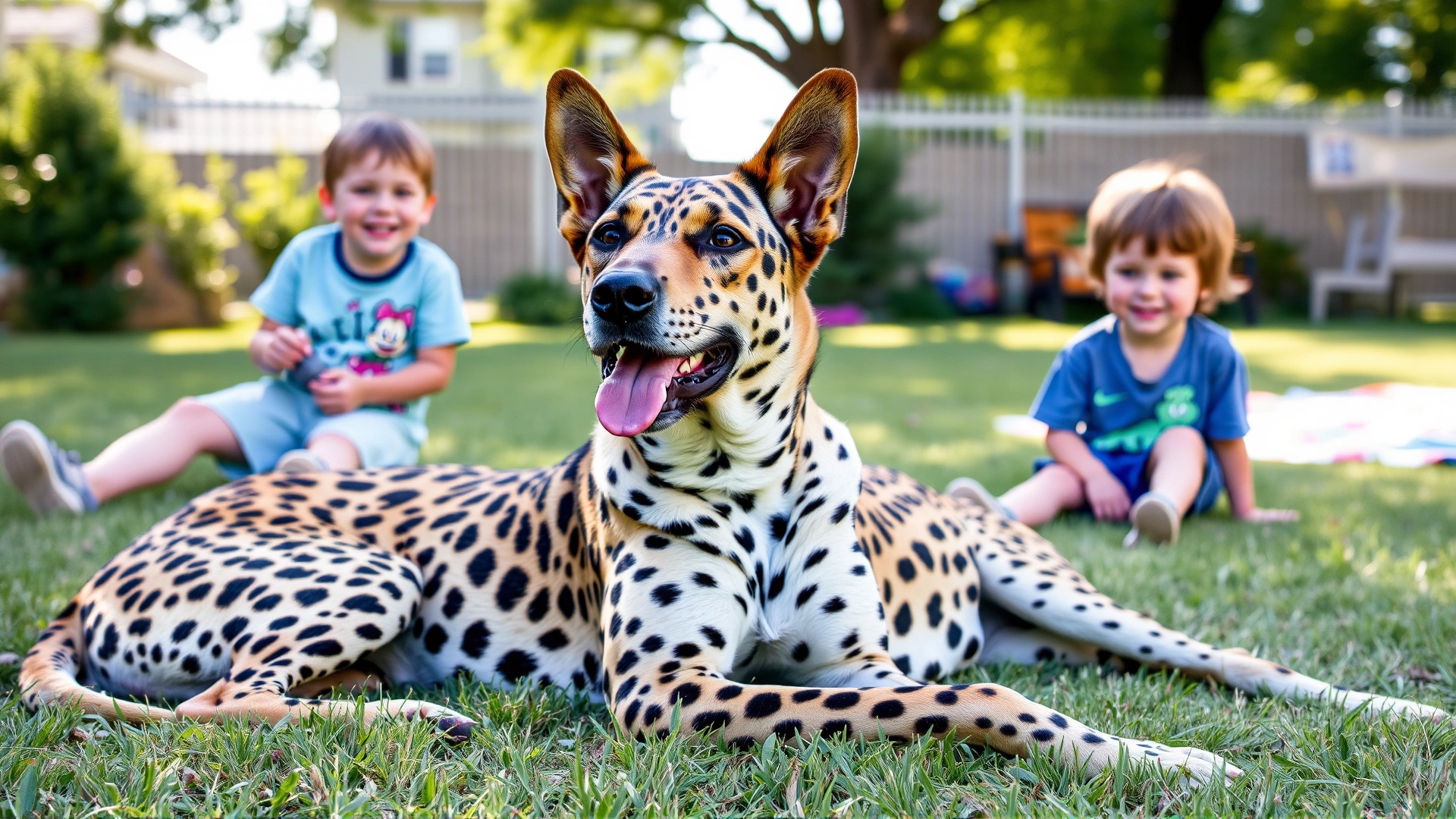 Catahoula Leopard Dog relaxing on the grass beside two smiling children playing in a sunny backyard, demonstrating gentle temperament.