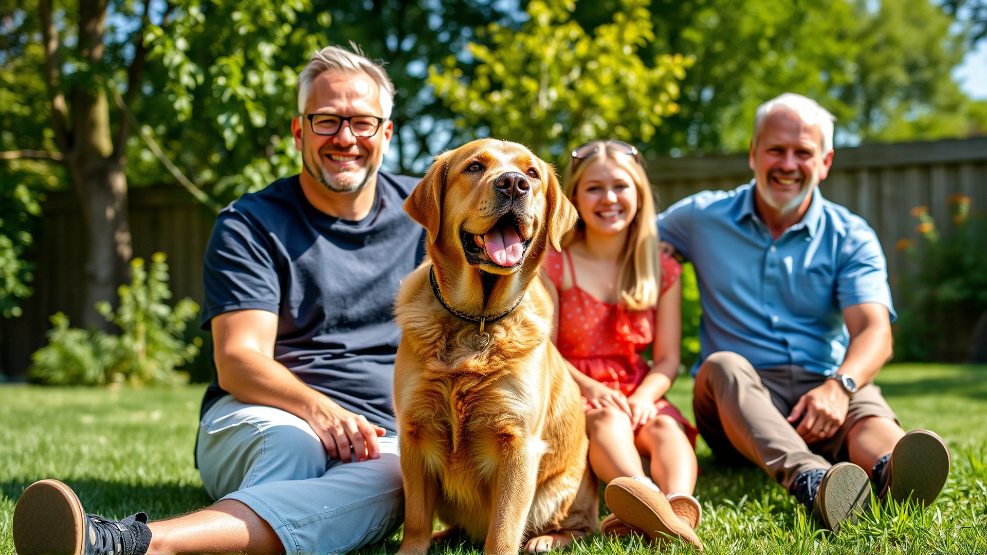 Content Chesapeake Bay Retriever sitting with a smiling family of four in a sunny backyard, highlighting companionship and loyalty