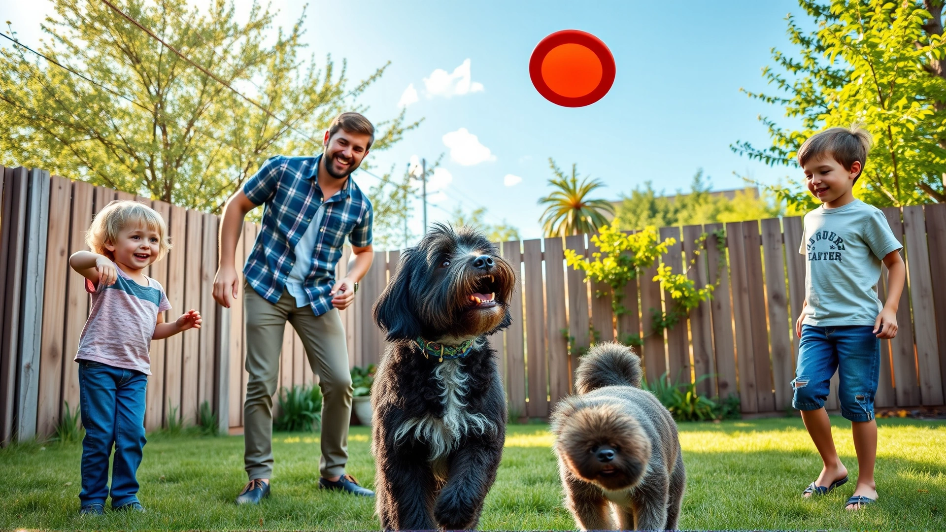 A joyful family with two kids tossing a frisbee to their Aussiedoodle in a fenced backyard on a bright summer day.
