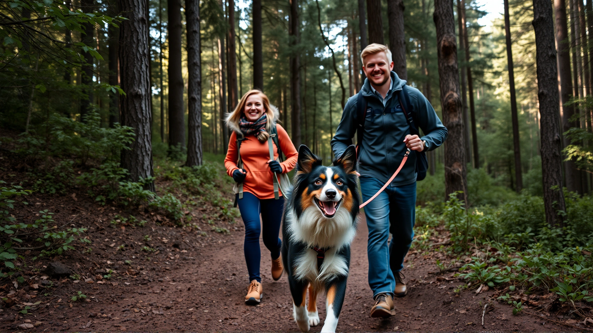 Active family hiking on a forest trail with their Border Aussie on a leash, joyful expressions, no text