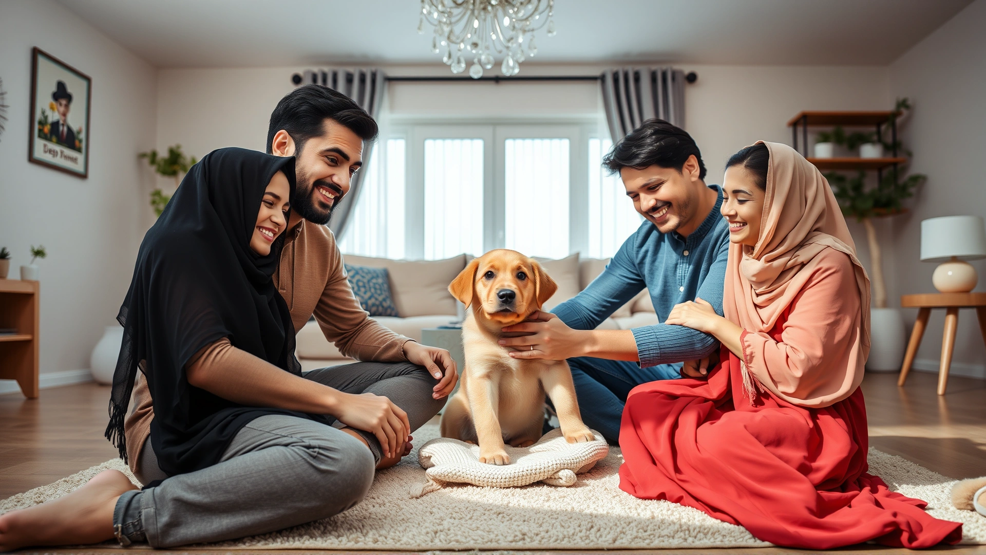 Middle Eastern family sitting on the living room floor smiling and cuddling a newly adopted puppy, bright and cozy atmosphere