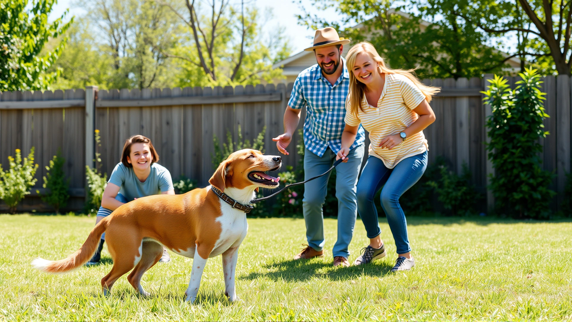 Happy family of four playing fetch with an American Foxhound in a fenced backyard on a sunny day, candid smiles, no text